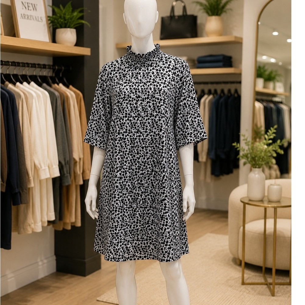H&M Womens Dress Blue Black Floral High Smocked Neck Elbow Sleeve 2